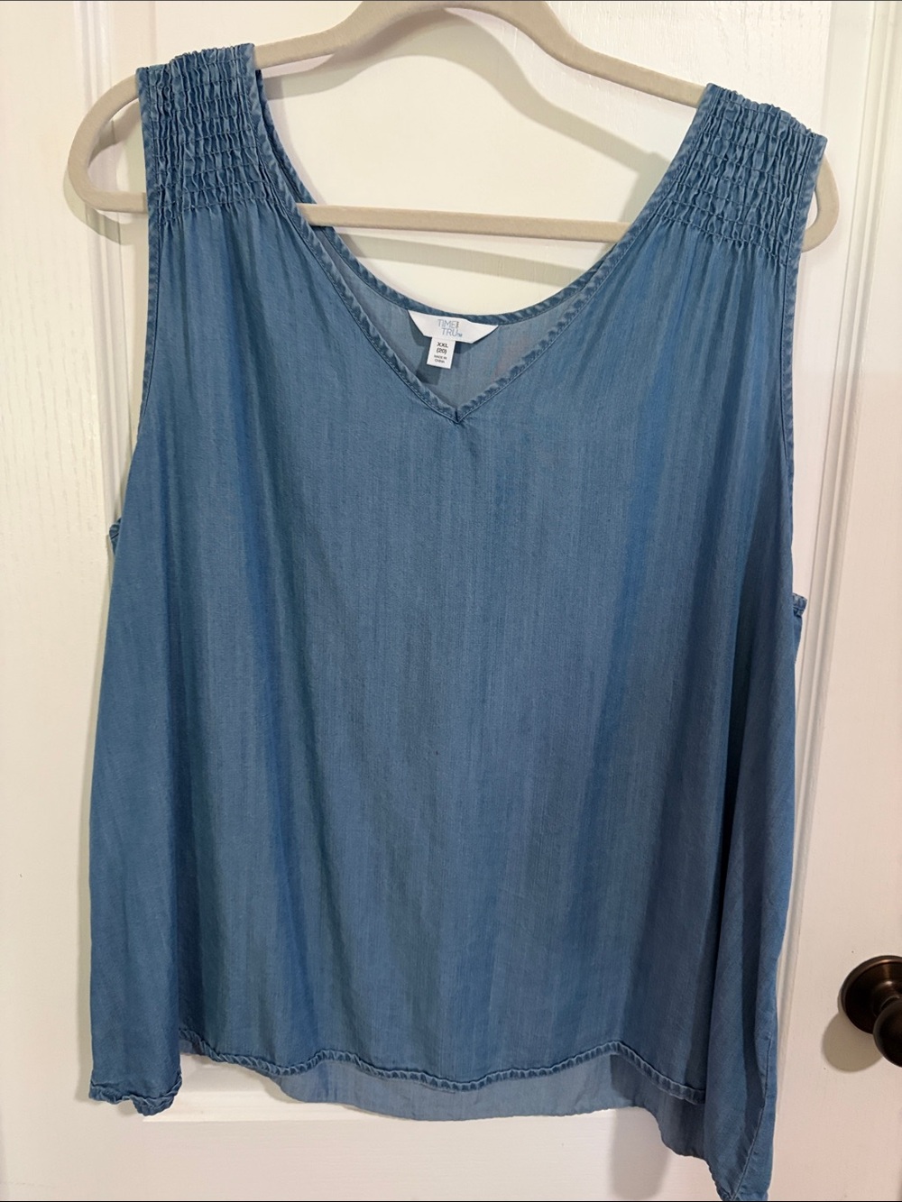 Time and Tru Light Denim V-Neck Smocked Strap Tank